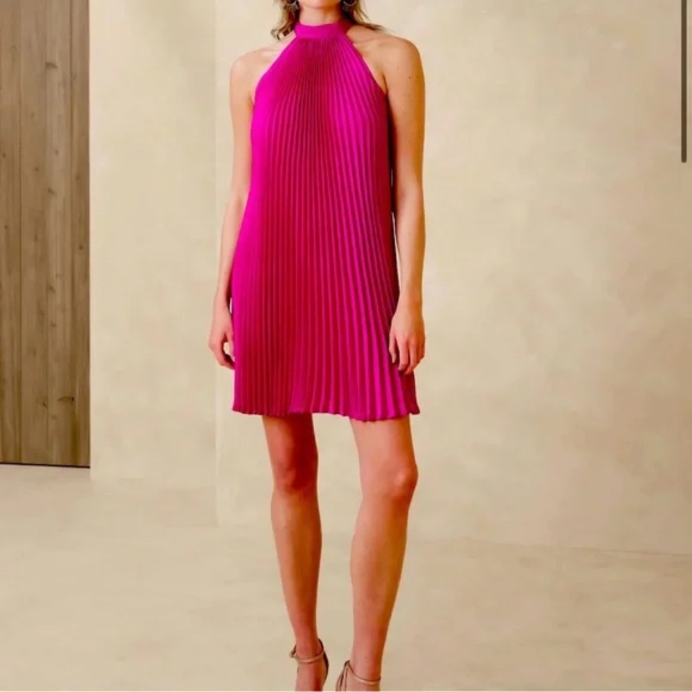 WORN ONCE Banana Republic Halter Pleated Mini Dress bright dahlia pink magenta